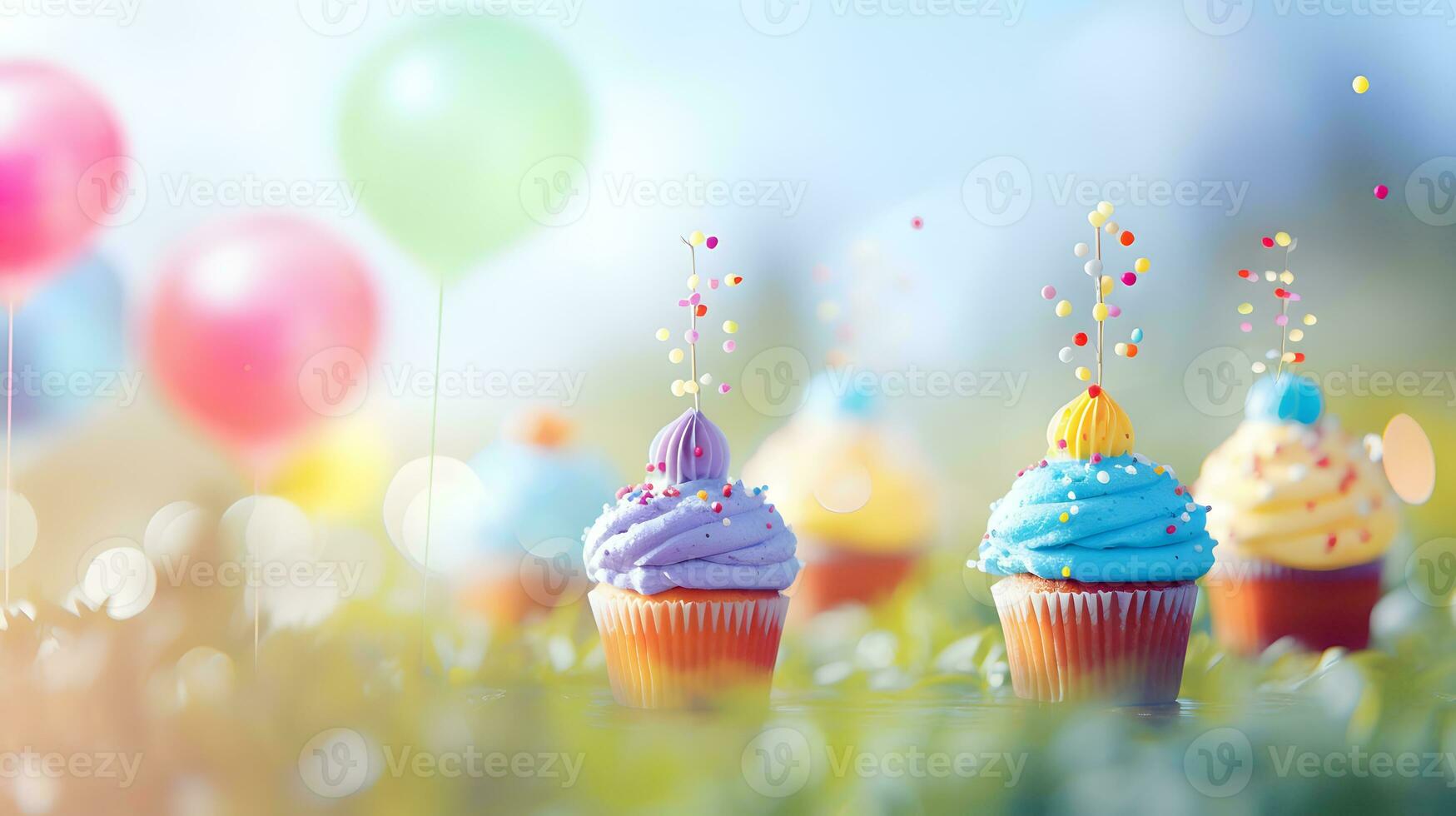 cumpleaños taza pastel con globos antecedentes. ai generado foto