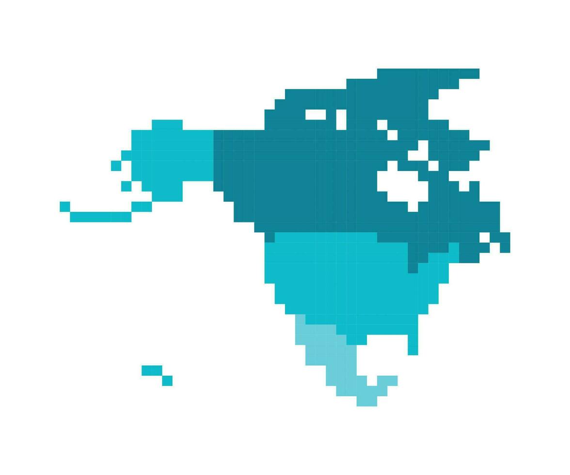 Vector isolated illustration. Simplified political map of states of North America, Canada, USA, Mexico. Colorful blue shapes in pixel style are template for nft art. White background
