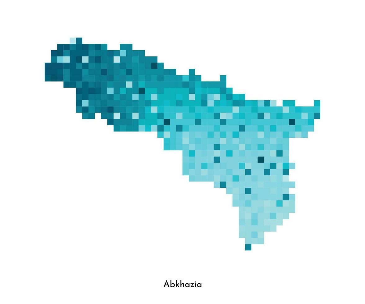Vector isolated geometric illustration with simplified icy blue silhouette of Abkhazia map. Pixel art style for NFT template. Dotted logo with gradient texture on white background