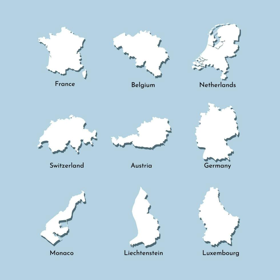 Vector illustration. White silhouettes of West Europe states maps, simplified outlines. France, Belgium, Netherlands, Switzerland, Austria, Germany, Monaco, Liechtenstein, Luxembourg