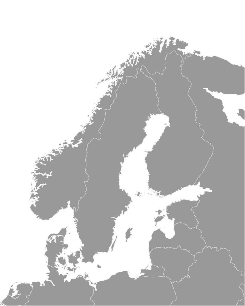 Vector isolated illustration of simplified political map of some scandinavian countries Sweden, Finland, Norway, Denmark and nearest areas. Borders of the states. Grey silhouettes. White outline.