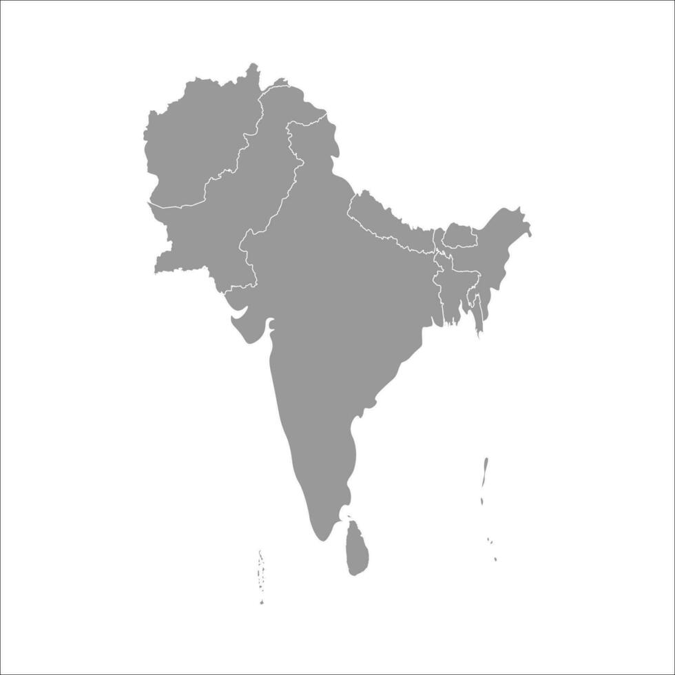 Vector illustration with simplified map of Asian countries. South region. States borders of Afghanistan, Pakistan, India, Maldives, Nepal, Bhutan, Banghladesh, Sri Lanka. Grey silhouette.