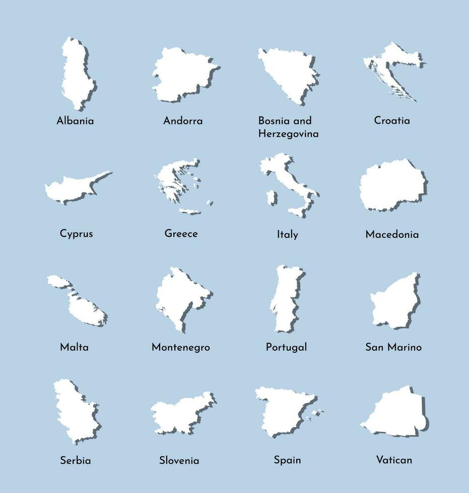 Vector illustration set maps of South Europe, Serbia, Slovernia, Vatican, Albania, Andorra, Greece, Cyprus, Croatia, Portugal, Italy, Spain, Montenegro, Malta, Macedonia, San Marino