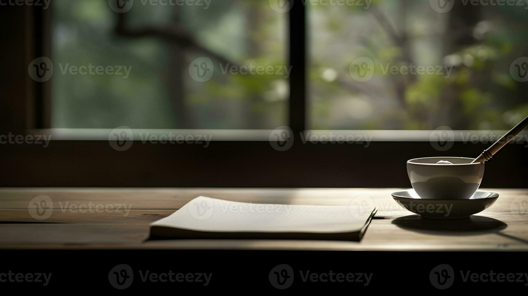 Photo of a steaming cup of coffee resting on a rustic wooden table AI Generated