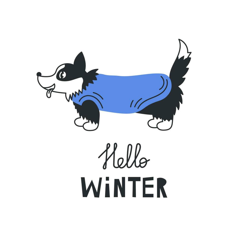 Hello winter lettering with a dog vector