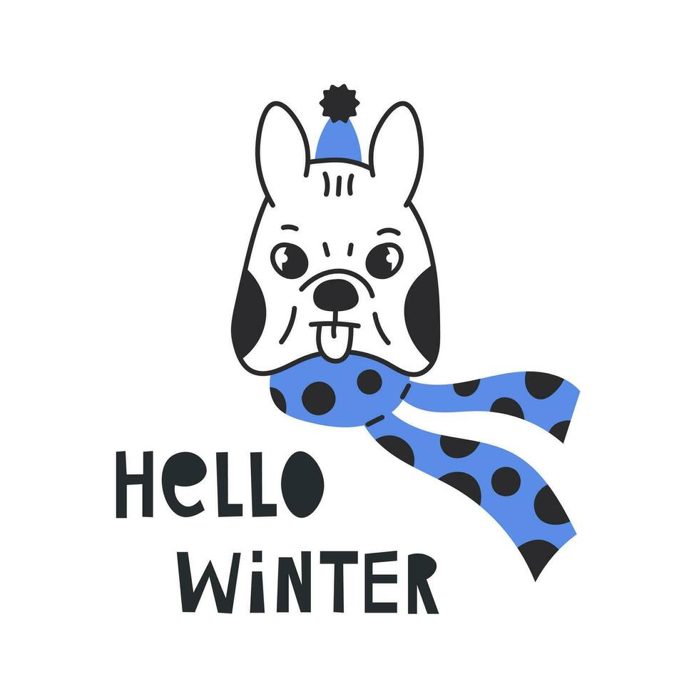Hello winter greeting card with lettering and dog vector