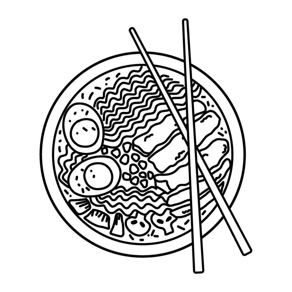 Ramen illustration. Noodles, ingredients for Japanese soup. Doodle illustration of soup. vector