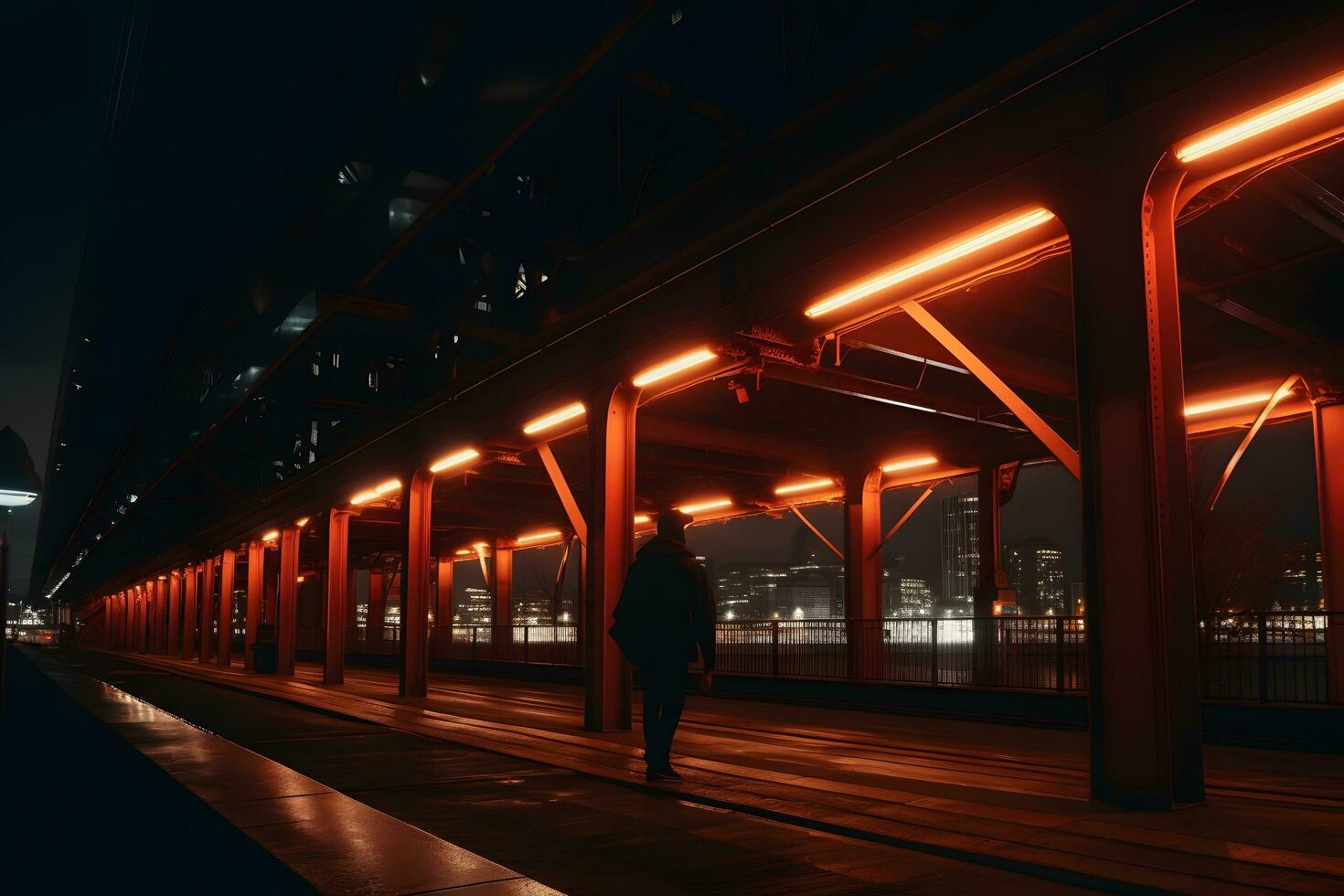 Railway station at night. Train platform in fog. Railroad.  AI Generated photo