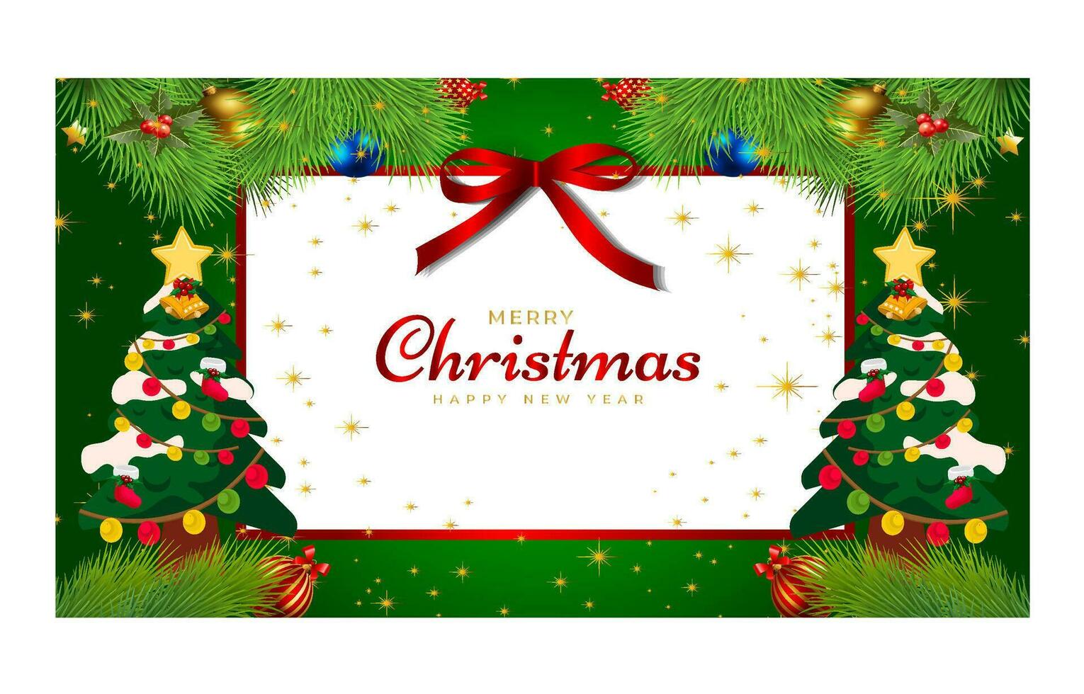 Merry Christmas and Happy New Year. Xmas background banner with  Christmas flower, tree, star, balls and golden decoration design. vector