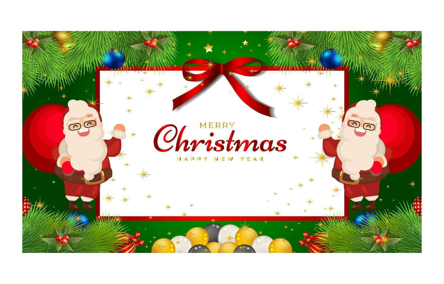 alegre Navidad y contento nuevo año. Navidad antecedentes bandera con Navidad flor, árbol, estrella, pelotas y dorado decoración diseño. vector
