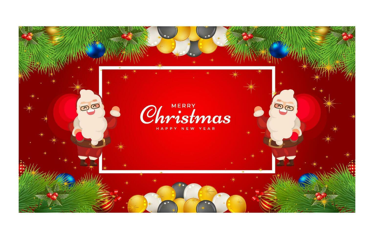 Merry Christmas and Happy New Year. Xmas background banner with  Christmas flower, tree, star, balls and golden decoration design. vector