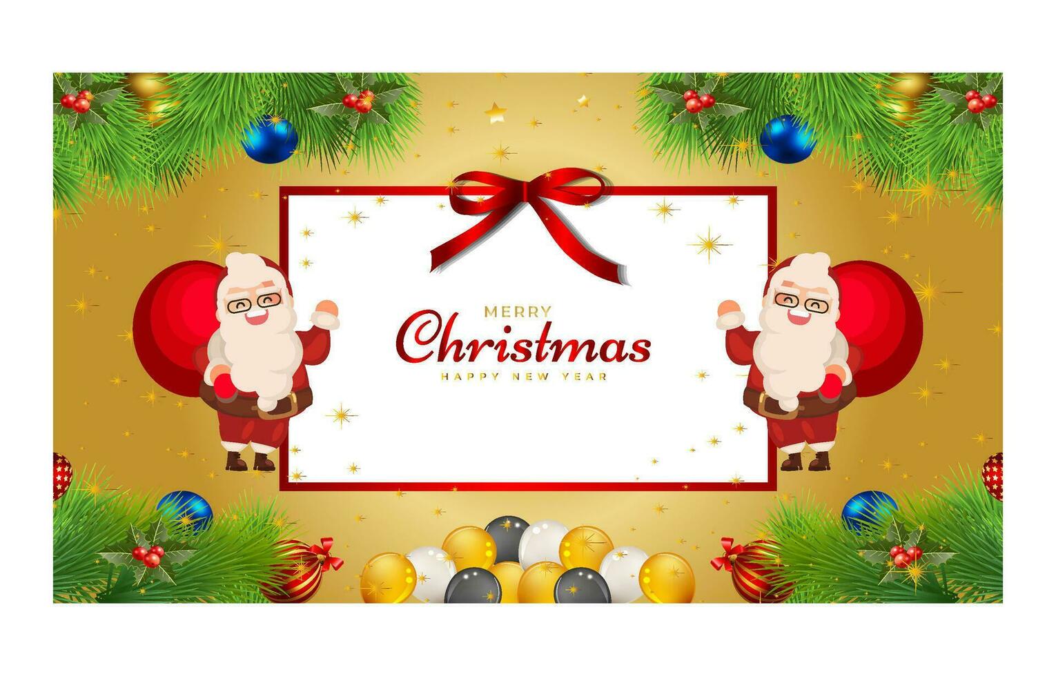 Merry Christmas and Happy New Year. Xmas background banner with  Christmas flower, tree, star, balls and golden decoration design. vector