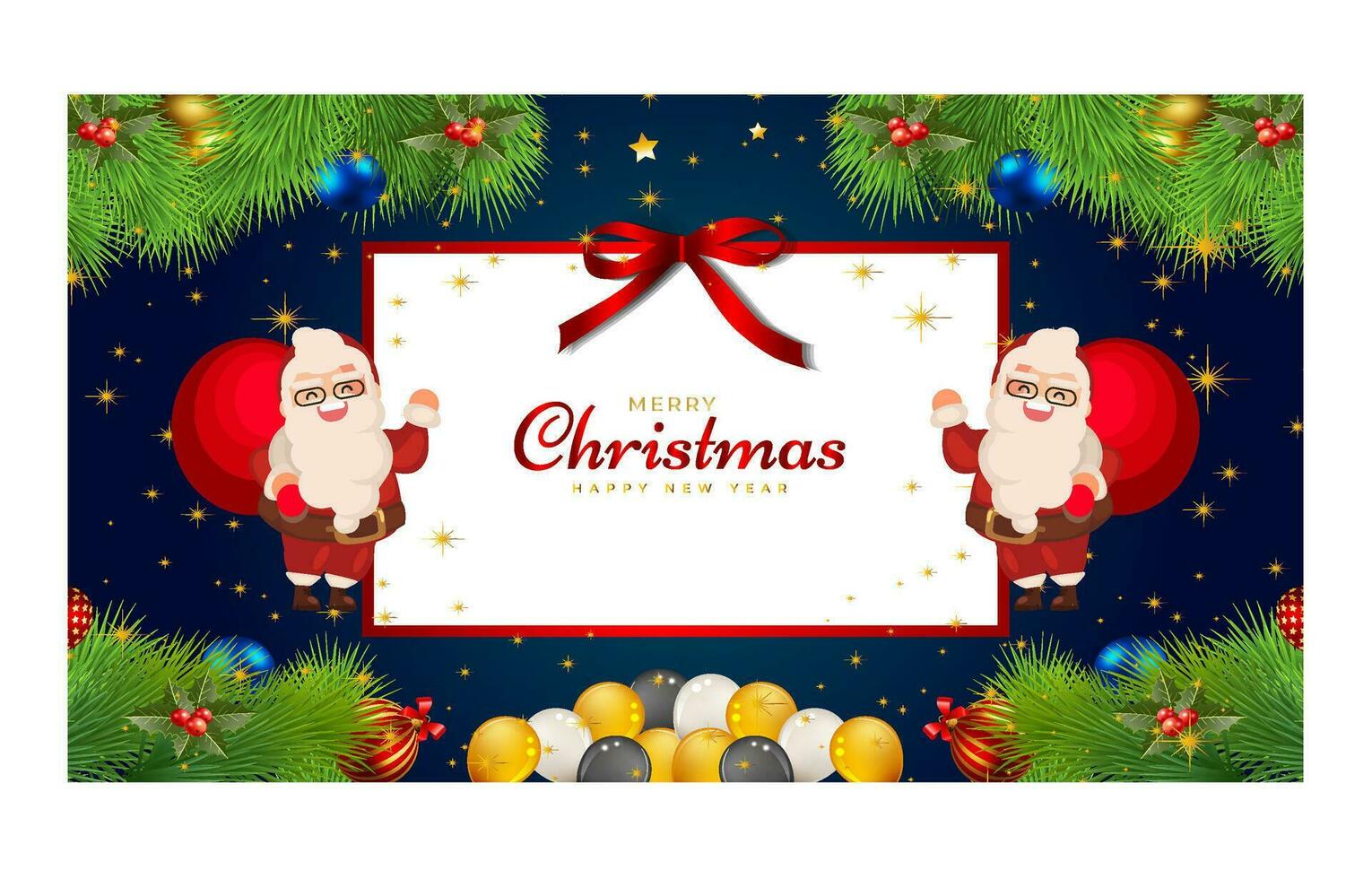 Merry Christmas and Happy New Year. Xmas background banner with  Christmas flower, tree, star, balls and golden decoration design. vector