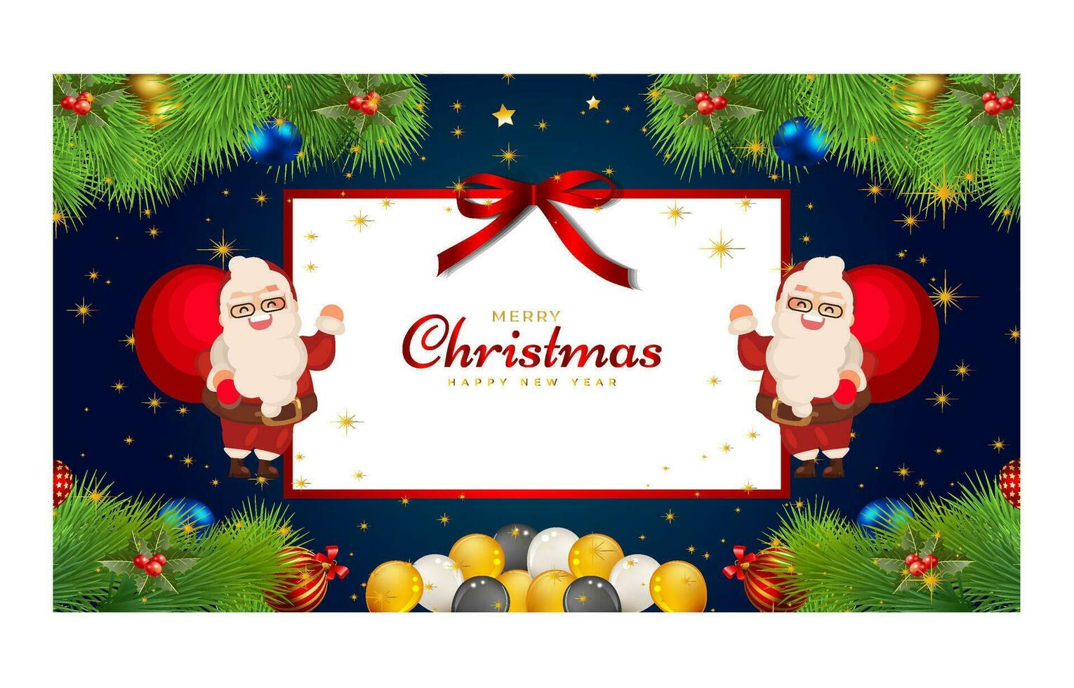Merry Christmas and Happy New Year. Xmas background banner with  Christmas flower, tree, star, balls and golden decoration design. vector