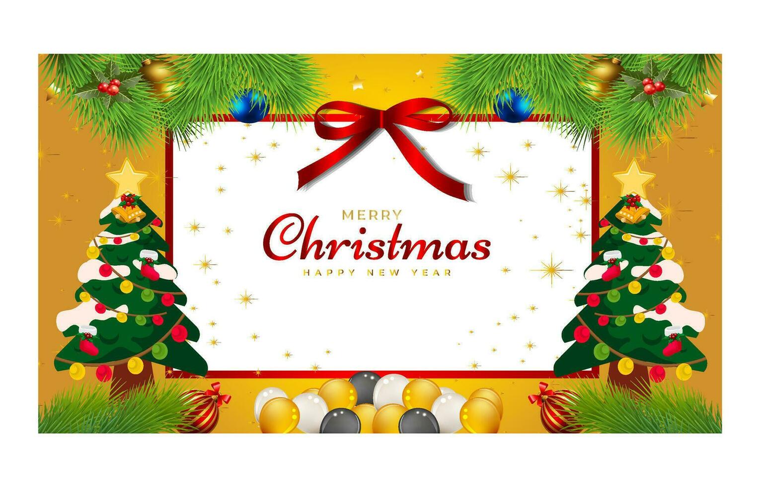 Merry Christmas and Happy New Year. Xmas background banner with  Christmas flower, tree, star, balls and golden decoration design. vector