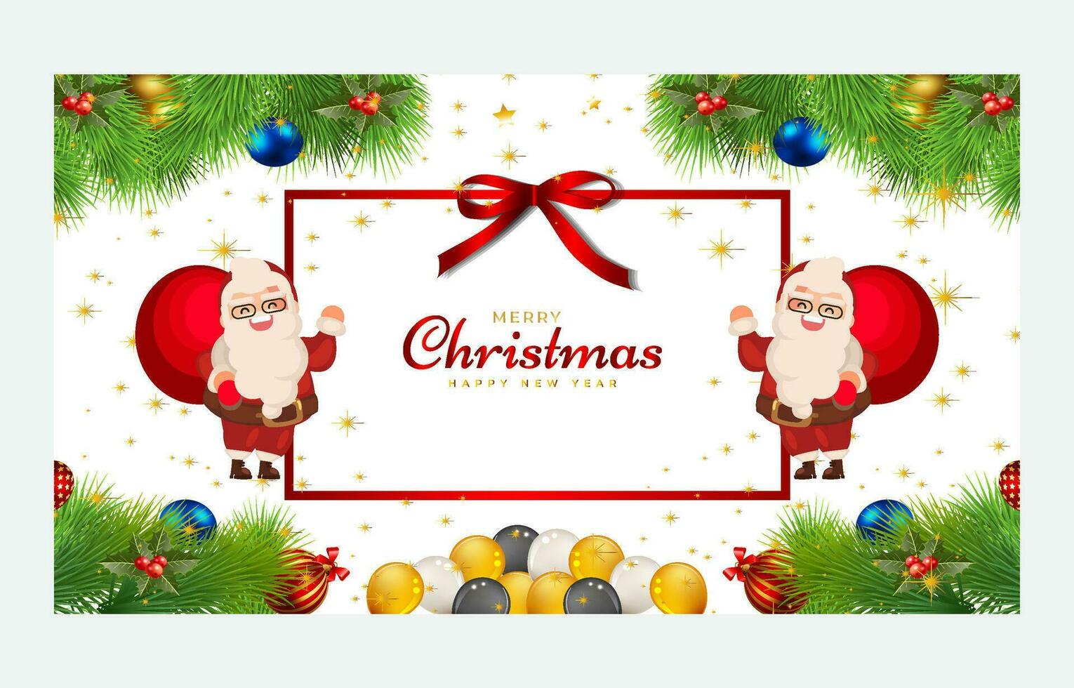 Merry Christmas and Happy New Year. Xmas background banner with  Christmas flower, tree, star, balls and golden decoration design. vector