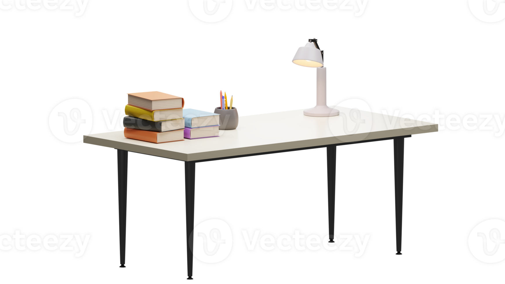 3d tolkning av bok stack, penna och penna hållare, lampa på skrivbord png