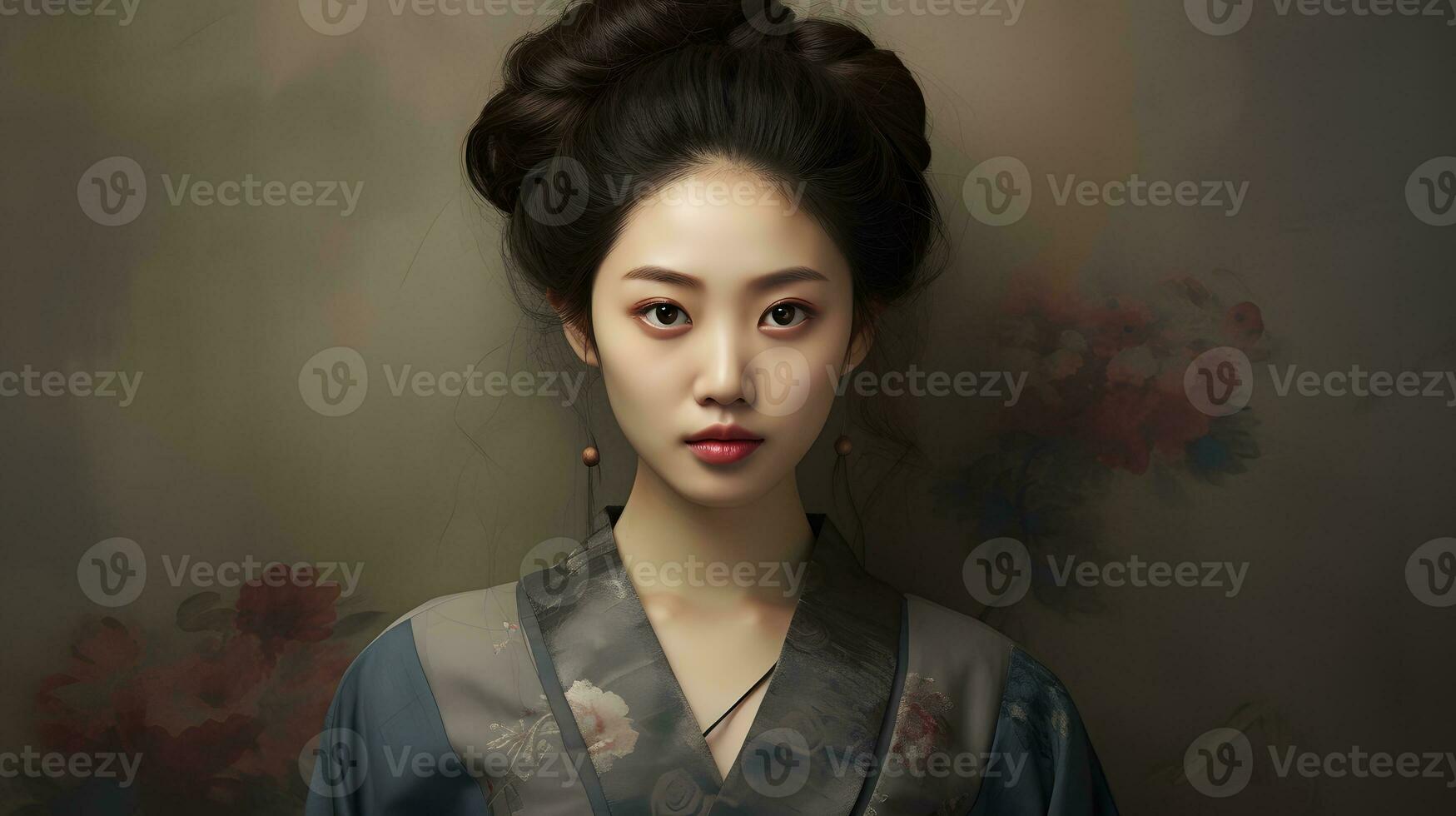 A woman in a kimono standing in front of a wall AI Generated photo