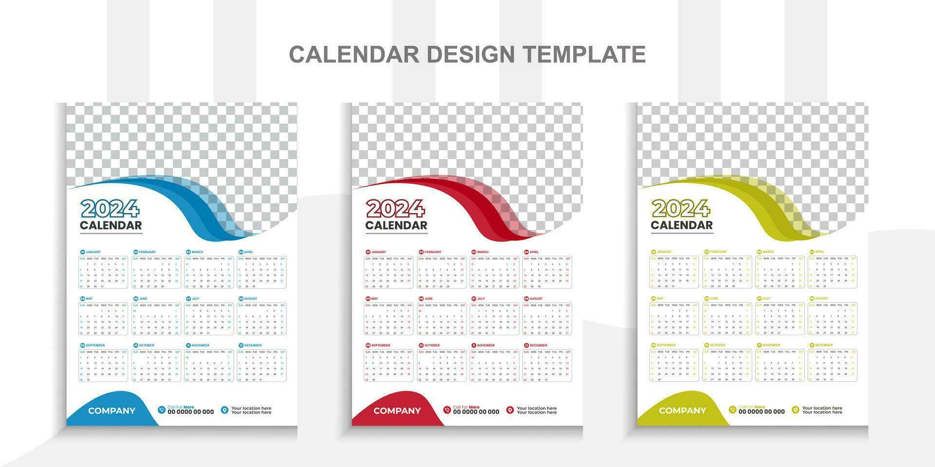 2024 Modern calendar design with place for photo and business or company logo.Creative calendar design vector layout with 3 colorful template.