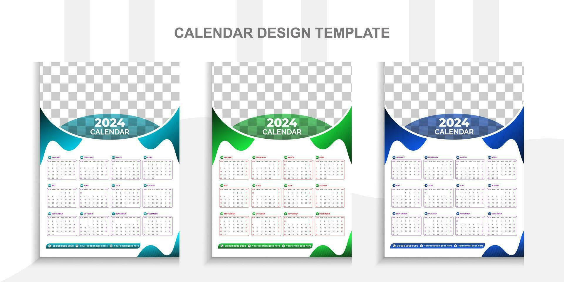 2024 moderno calendario diseño con sitio para foto y negocio o empresa logo.creativo calendario diseño vector diseño con 3 vistoso modelo.