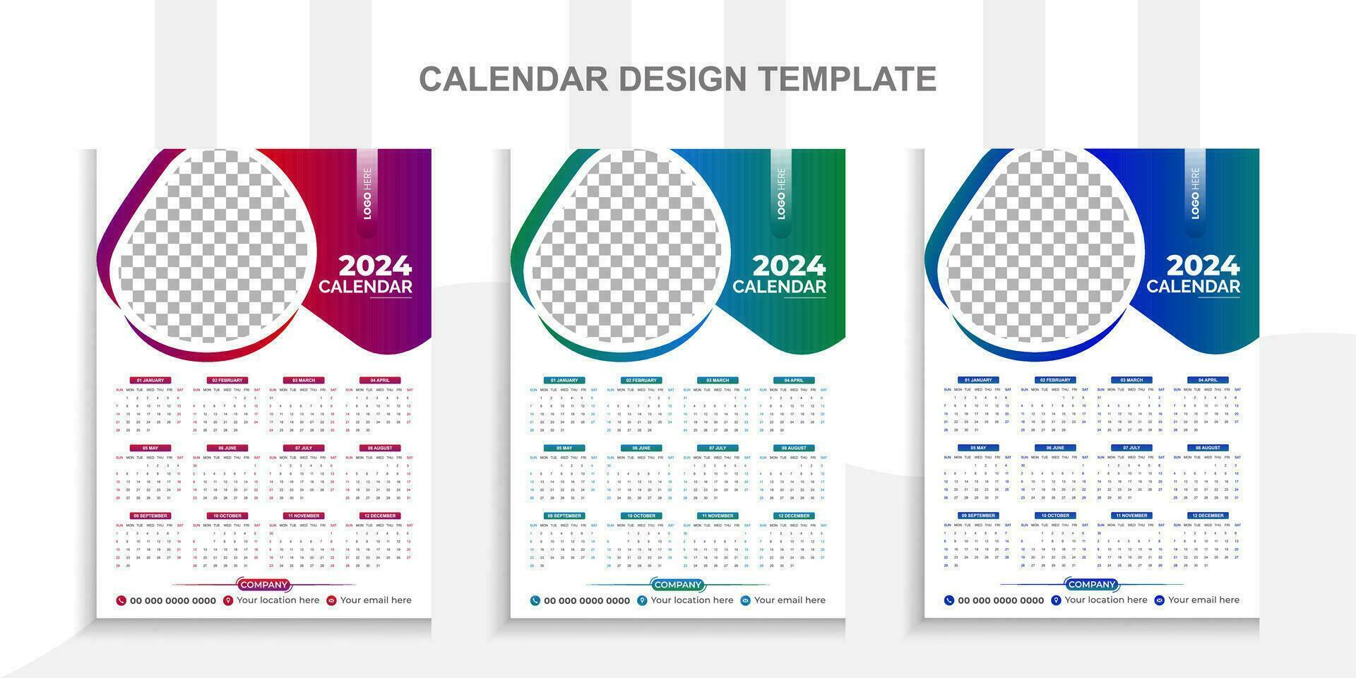 2024 Modern calendar design with place for photo and business or company logo.Creative calendar design vector layout with 3 colorful template.