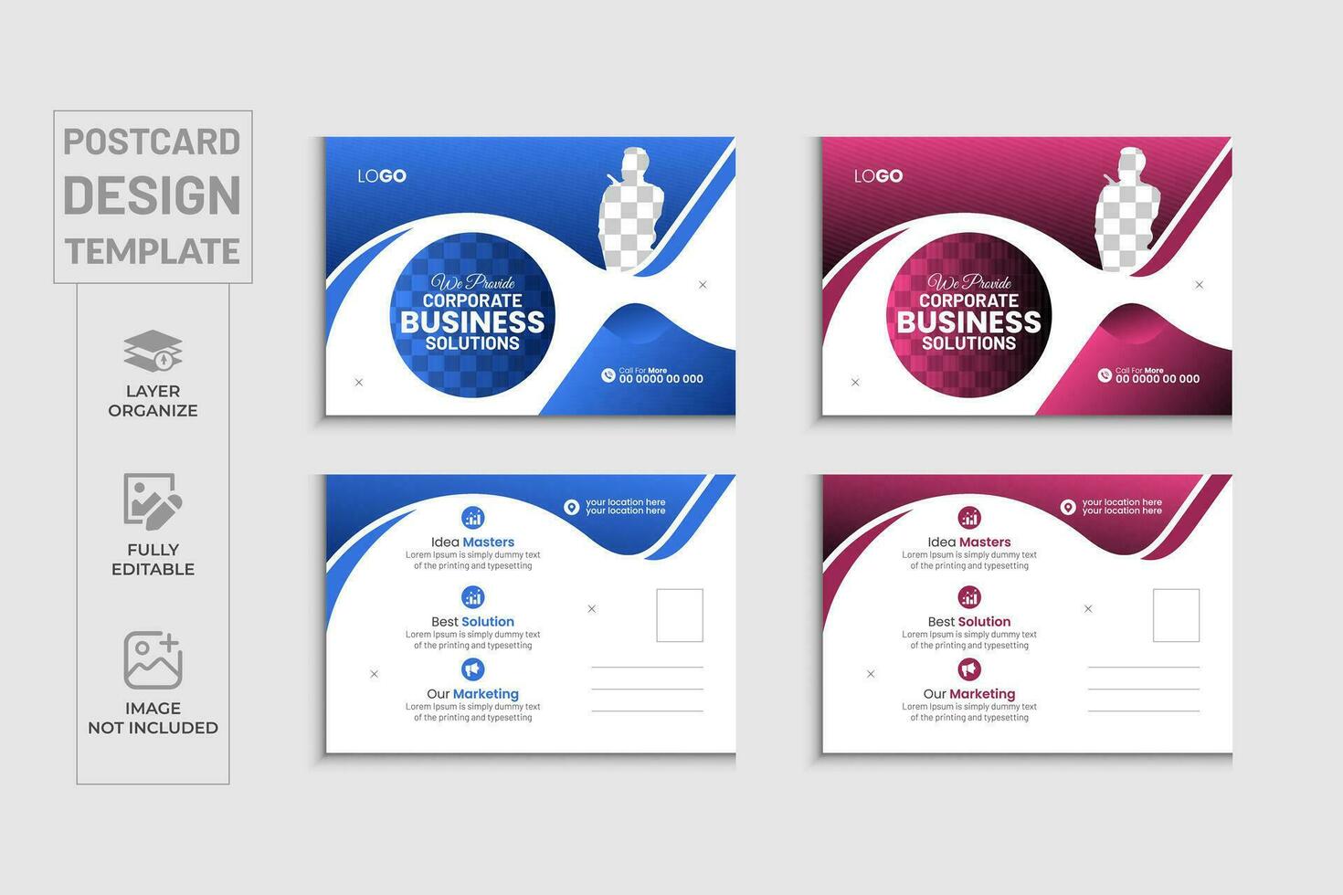 Professional  modern corporate business  postcard template or marketing agency postcard design with 2color versions vector
