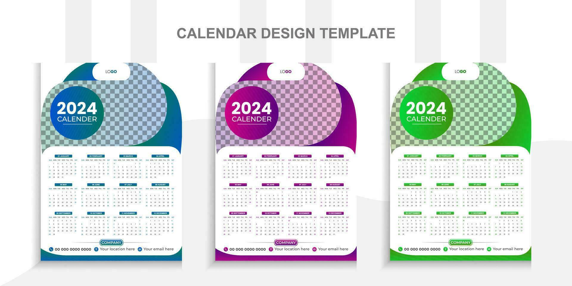 2024 moderno calendario diseño con sitio para foto y negocio o empresa logo.creativo calendario diseño vector diseño con 3 vistoso modelo.