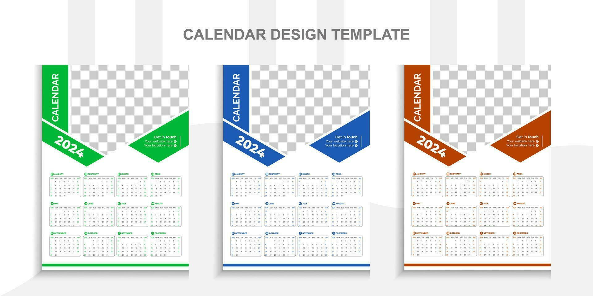 2024 Modern calendar design with place for photo and business or company logo.Creative calendar design vector layout with 3 colorful template.