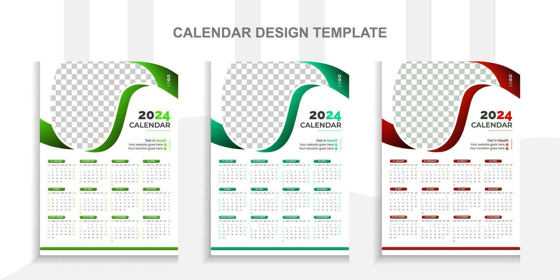 2024 Modern calendar design with place for photo and business or company logo.Creative calendar design vector layout with 3 colorful template.