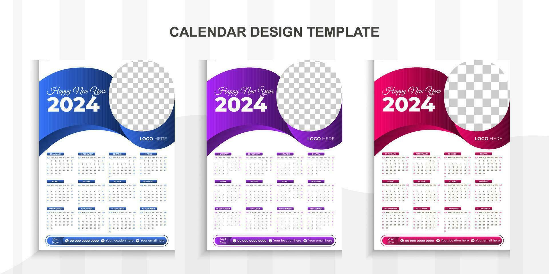 2024 Modern calendar design with place for photo and business or company logo.Creative calendar design vector layout with 3 colorful template.