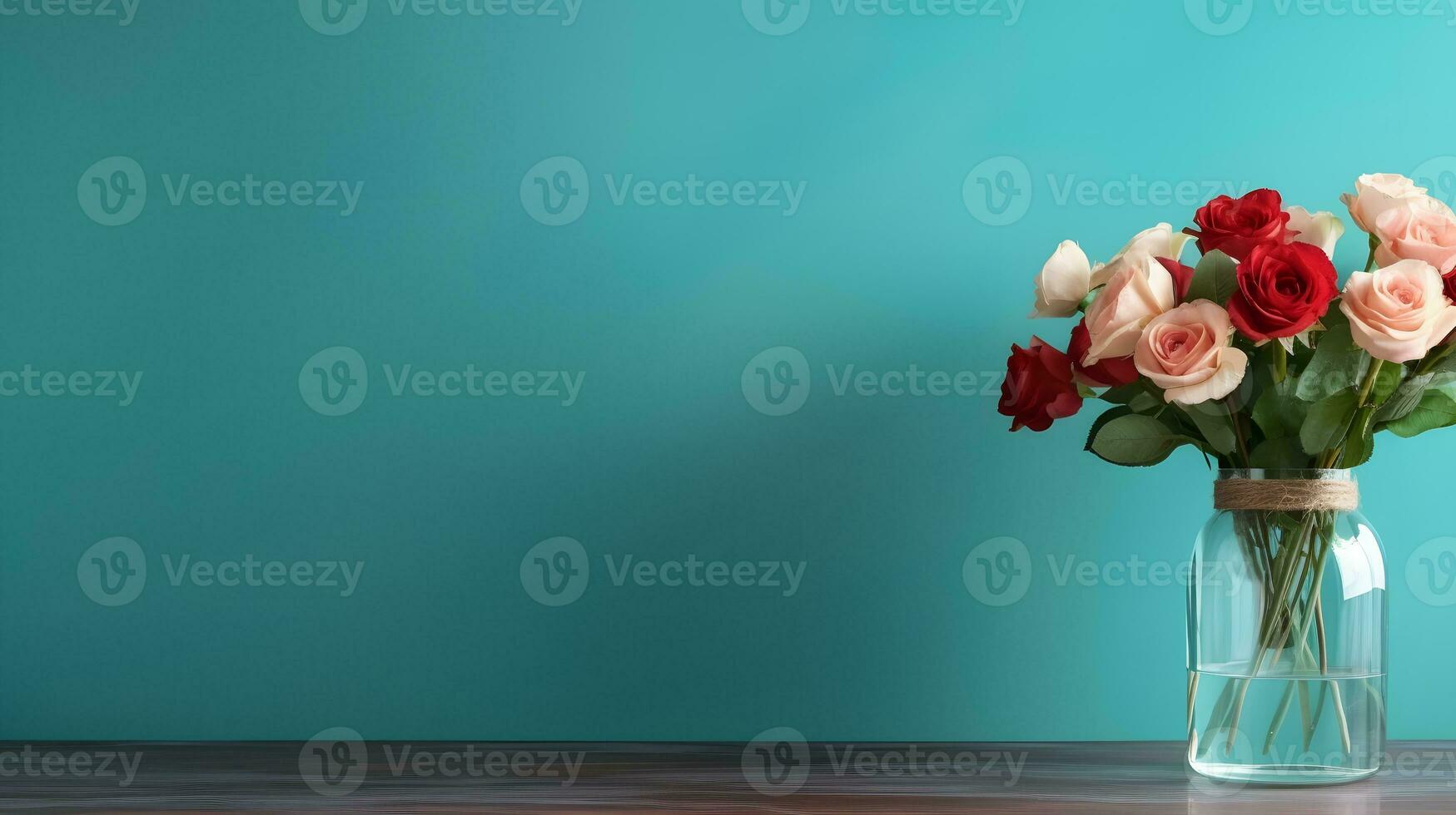 Photo of a beautiful arrangement of pink and red roses in a glass vase AI Generated