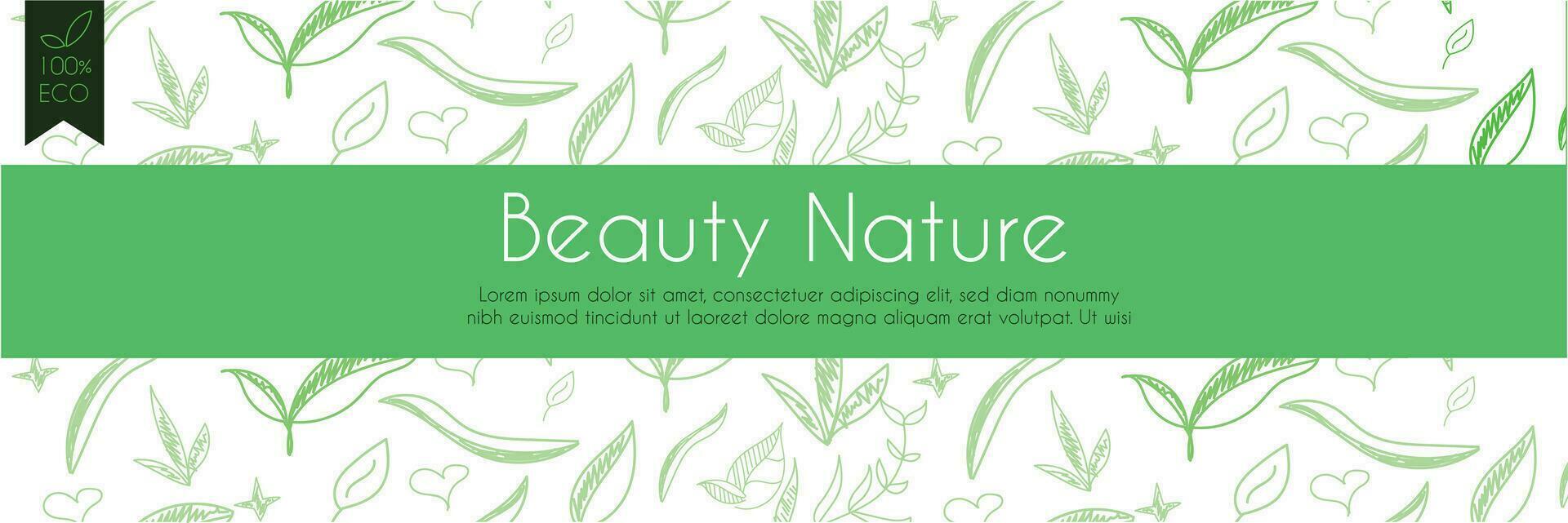 Green nature beauty cosmetic pattern, eco cosmetics concept for bio cosmetics banner. Vector icons of heart. Eco-friendly seamless background. Natural pattern and logo for beauty care. label tag