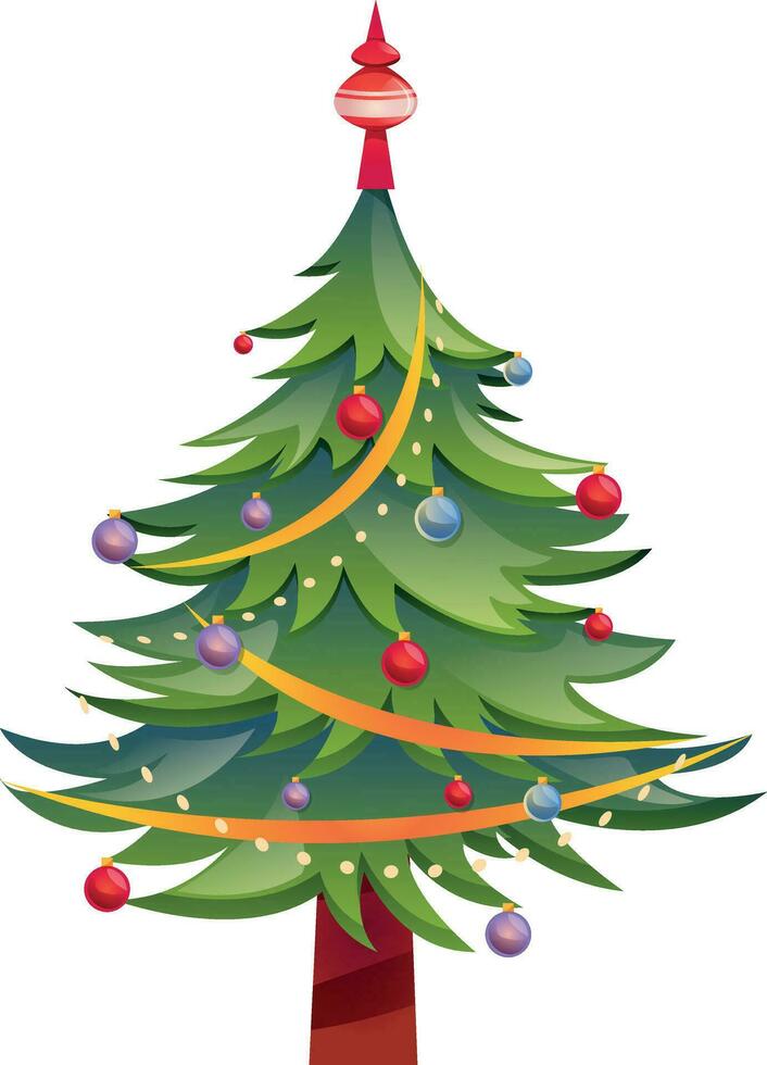 Beautiful shining Christmas tree with decorations - balls, garlands, bulbs. Green fluffy christmas pine. Cartoon vector illustration. Colored Illustration for Your Merry Christmas greeting card
