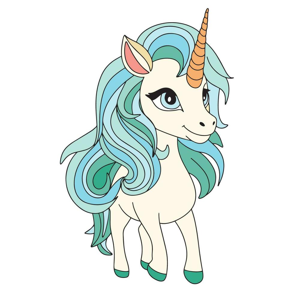 Unicorn colored outline. Hand drawn doodle unicorn. Outline unicorn. Vector illustration.