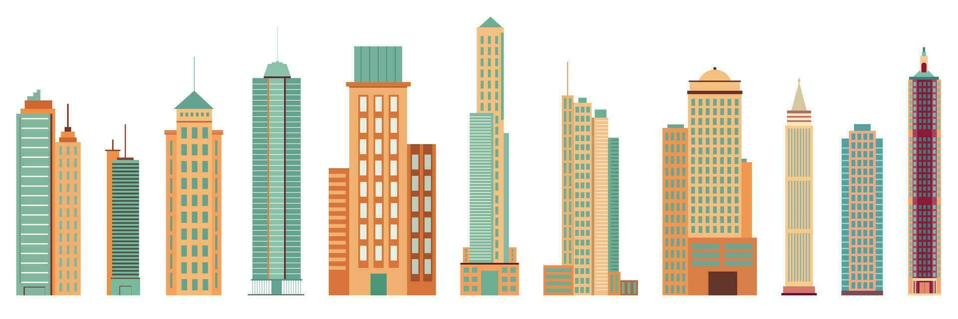 Collection of skyscrapers isolated on white background. Set of skyscrapers in flat style. Vector illustraiton.