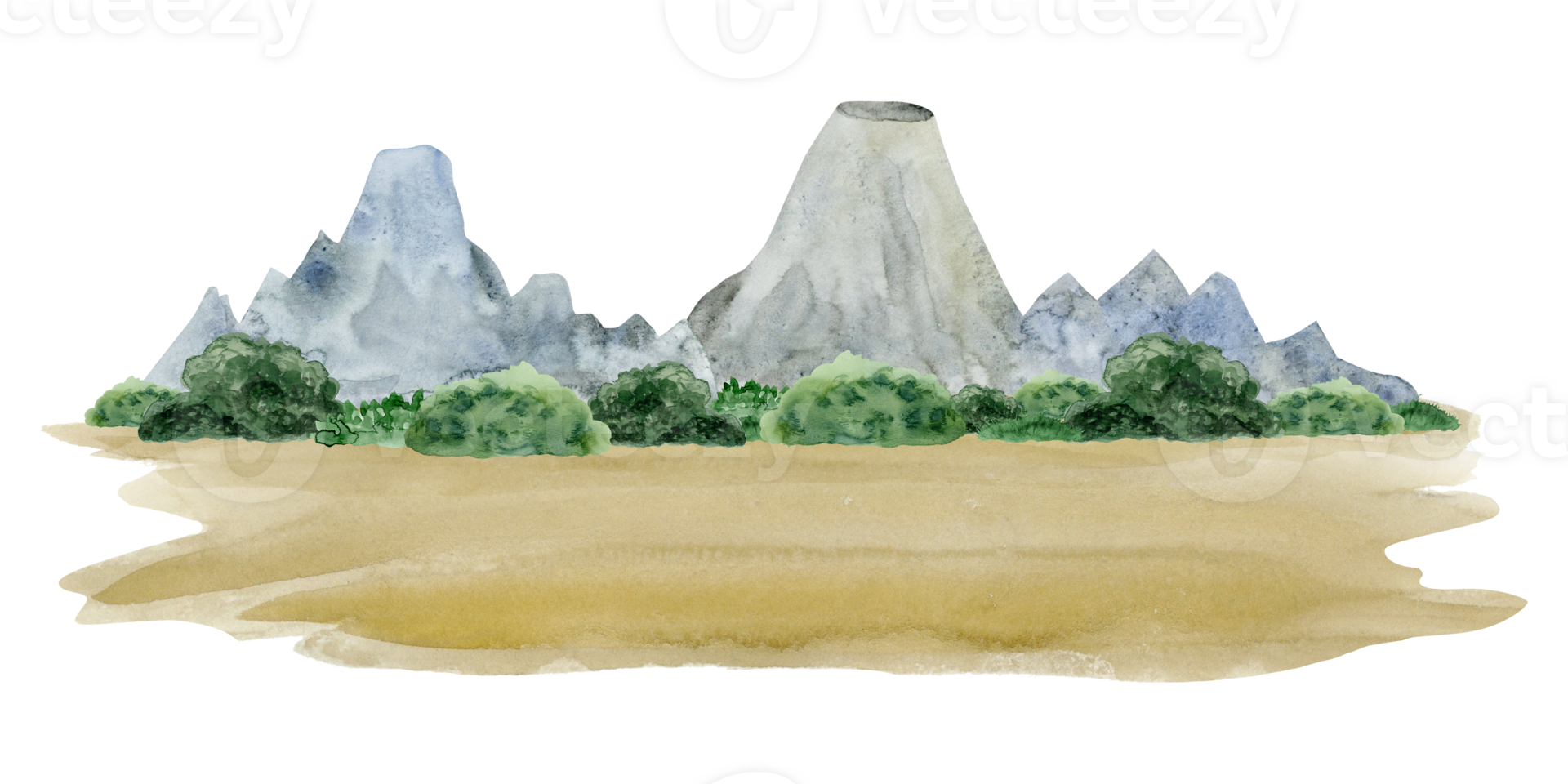 Watercolor gray mountain chain landscape illustration with forest and ground sand for dinosaur era designs and tourism png