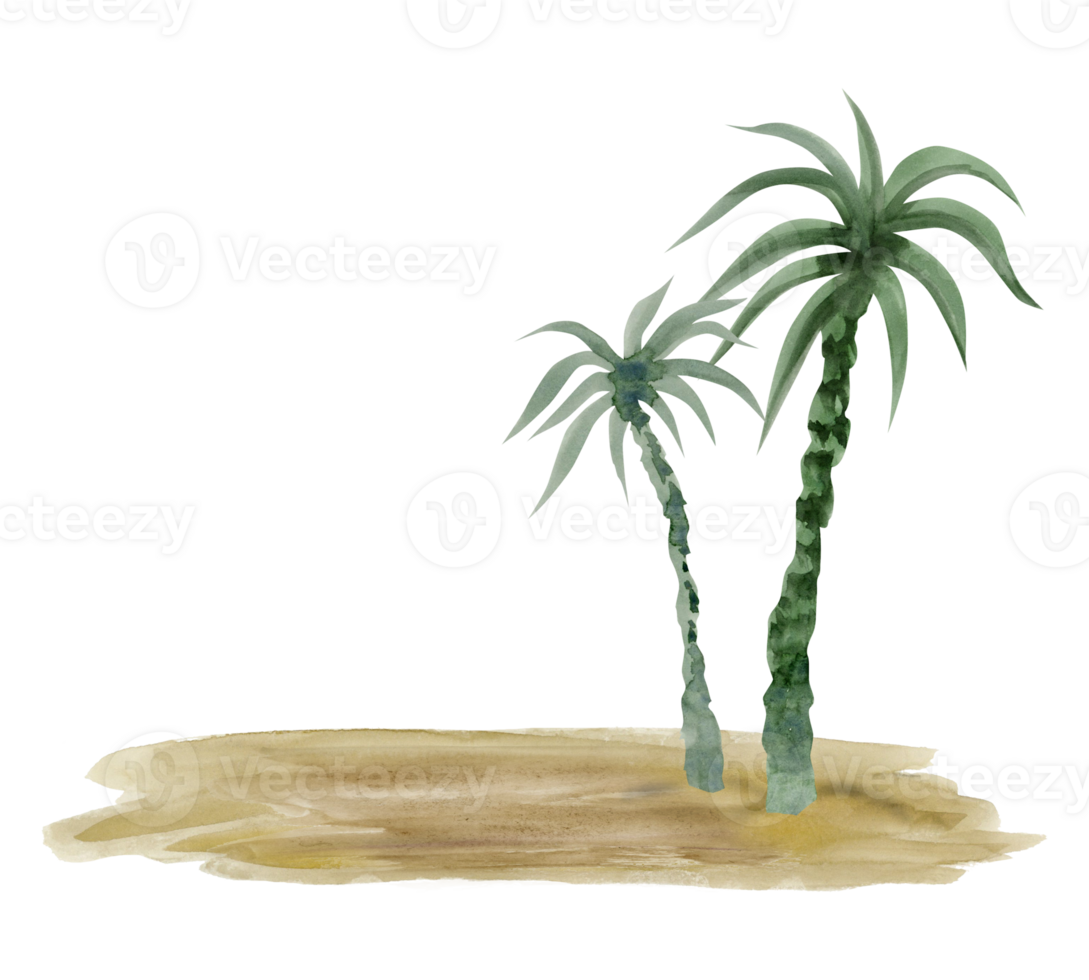 Watercolor palm trees on sand of desert island or beach illustration. Hand drawing summer vacation template png