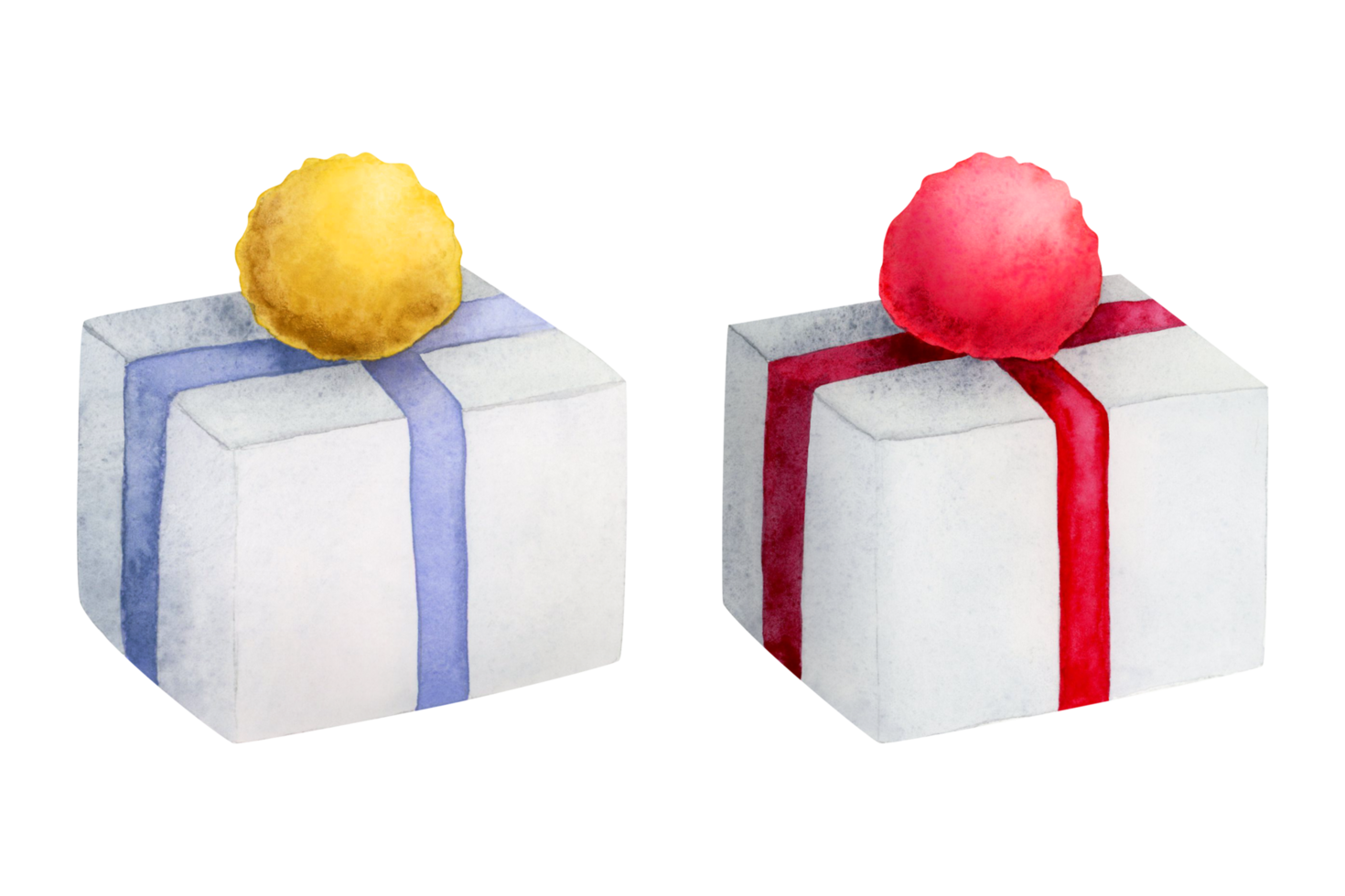 presente caixas com fitas e pompons aguarela ilustração conjunto dentro vermelho, azul e amarelo png