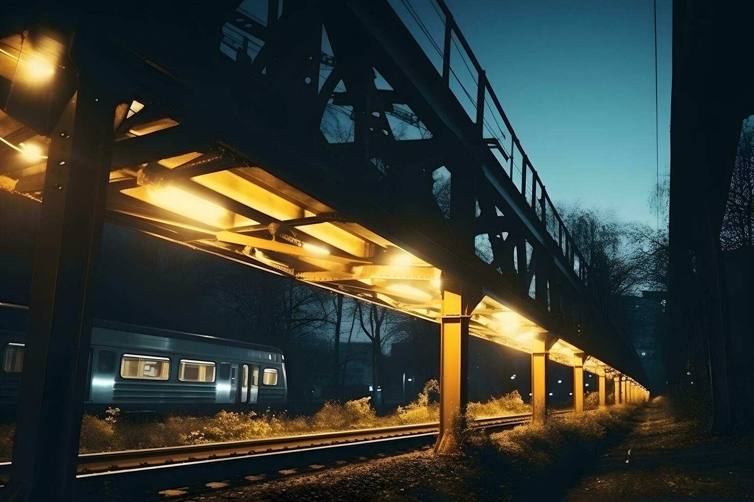 Railway station at night. Train platform in fog. Railroad.  AI Generated photo