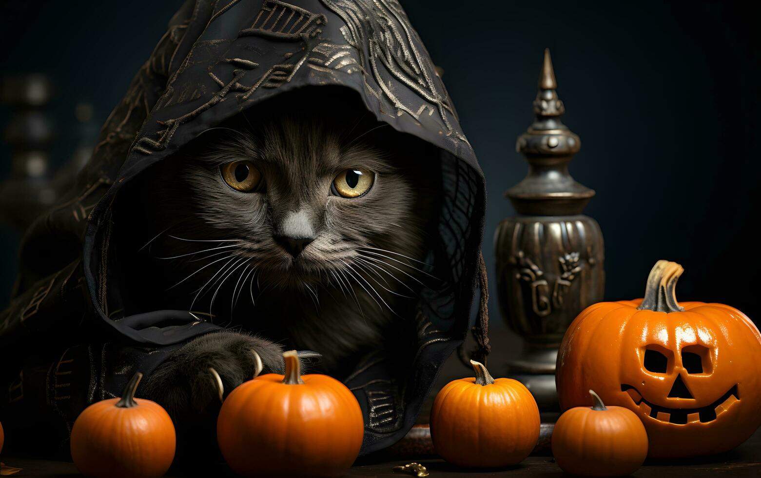Halloween pumpkin and black cat on festival background. AI Generated photo