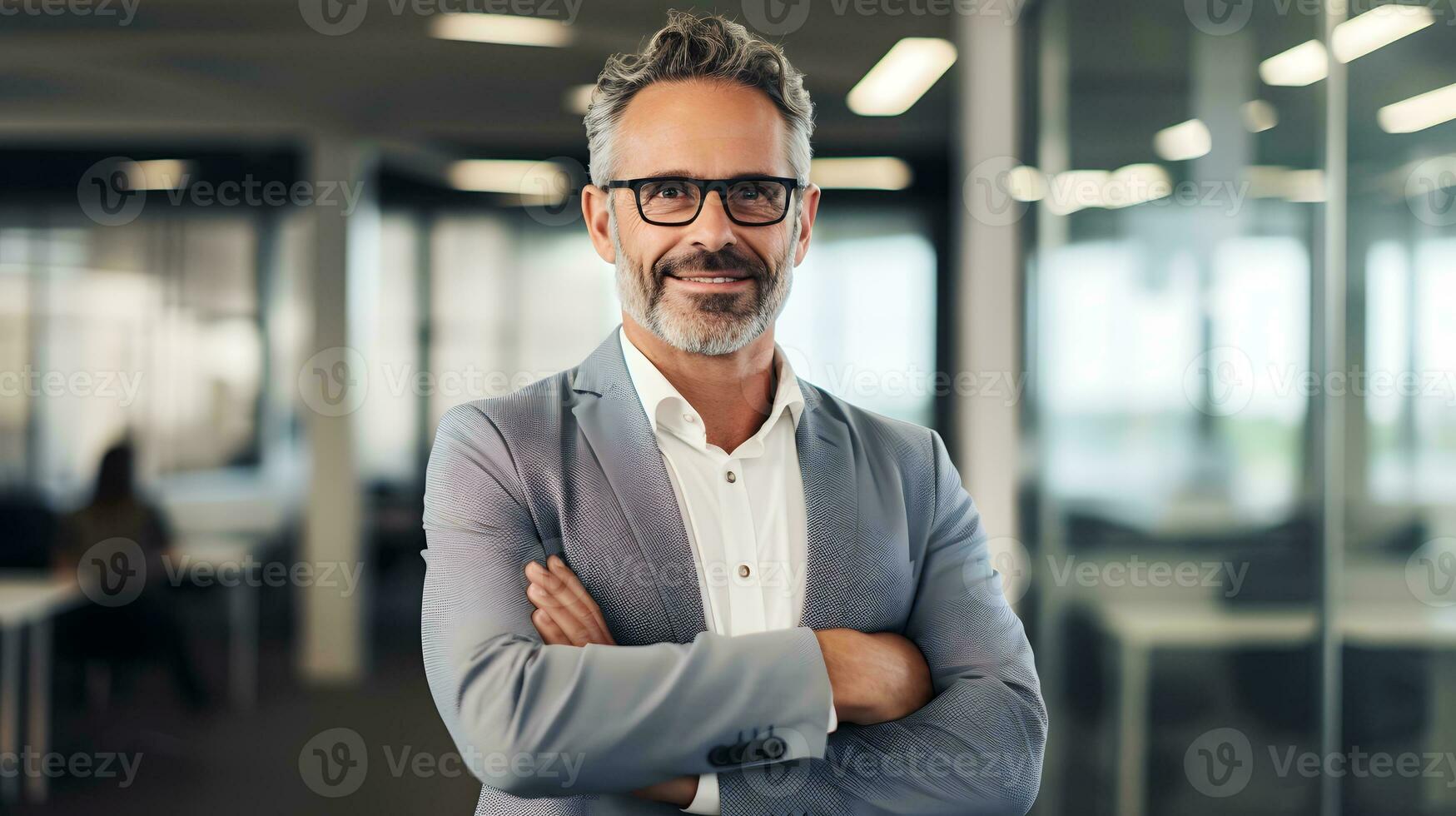 Happy middle aged business man ceo standing in office arms crossed. AI Generated photo