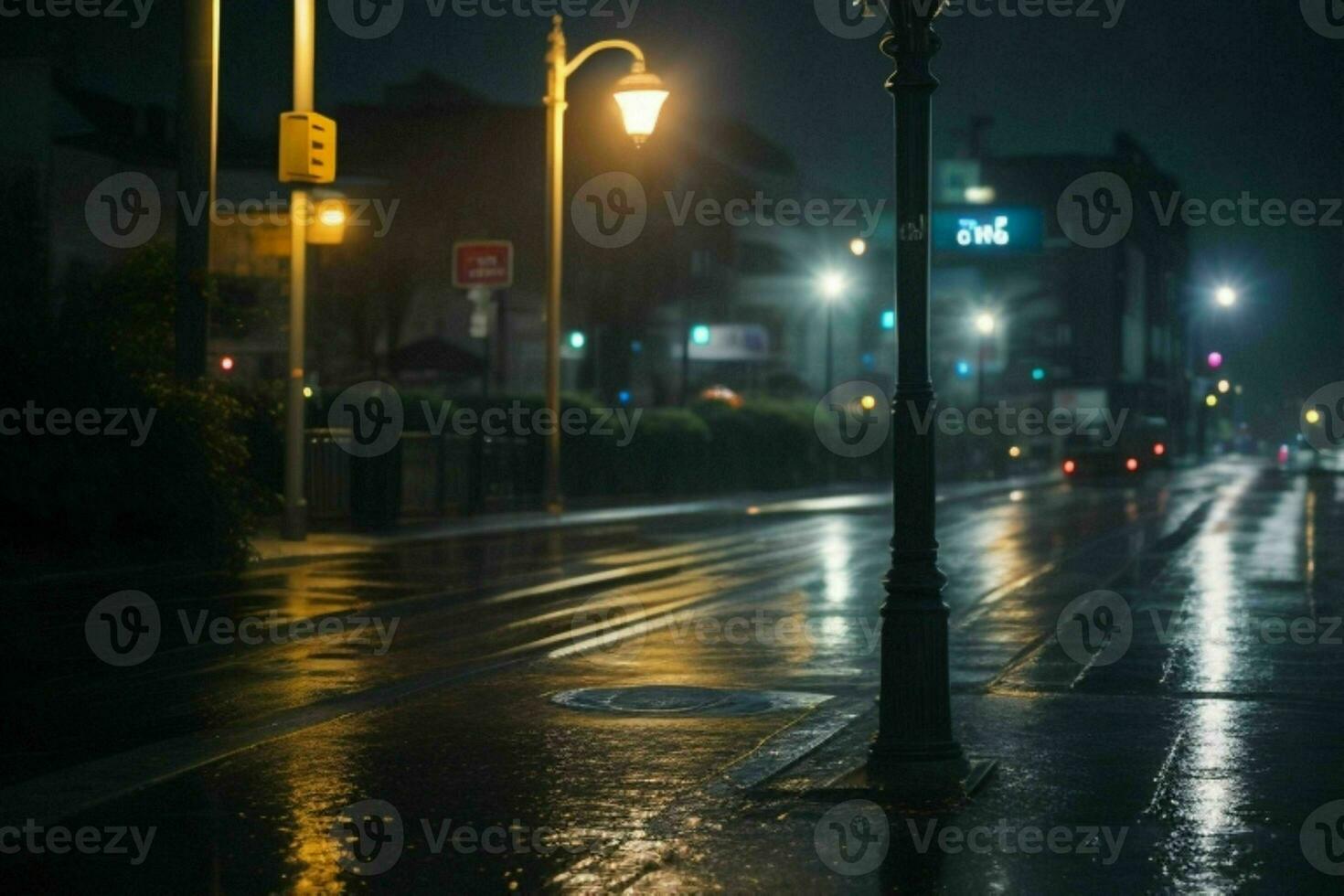 City street at rainy night road and streetlights at night background. AI Generative Pro Photo