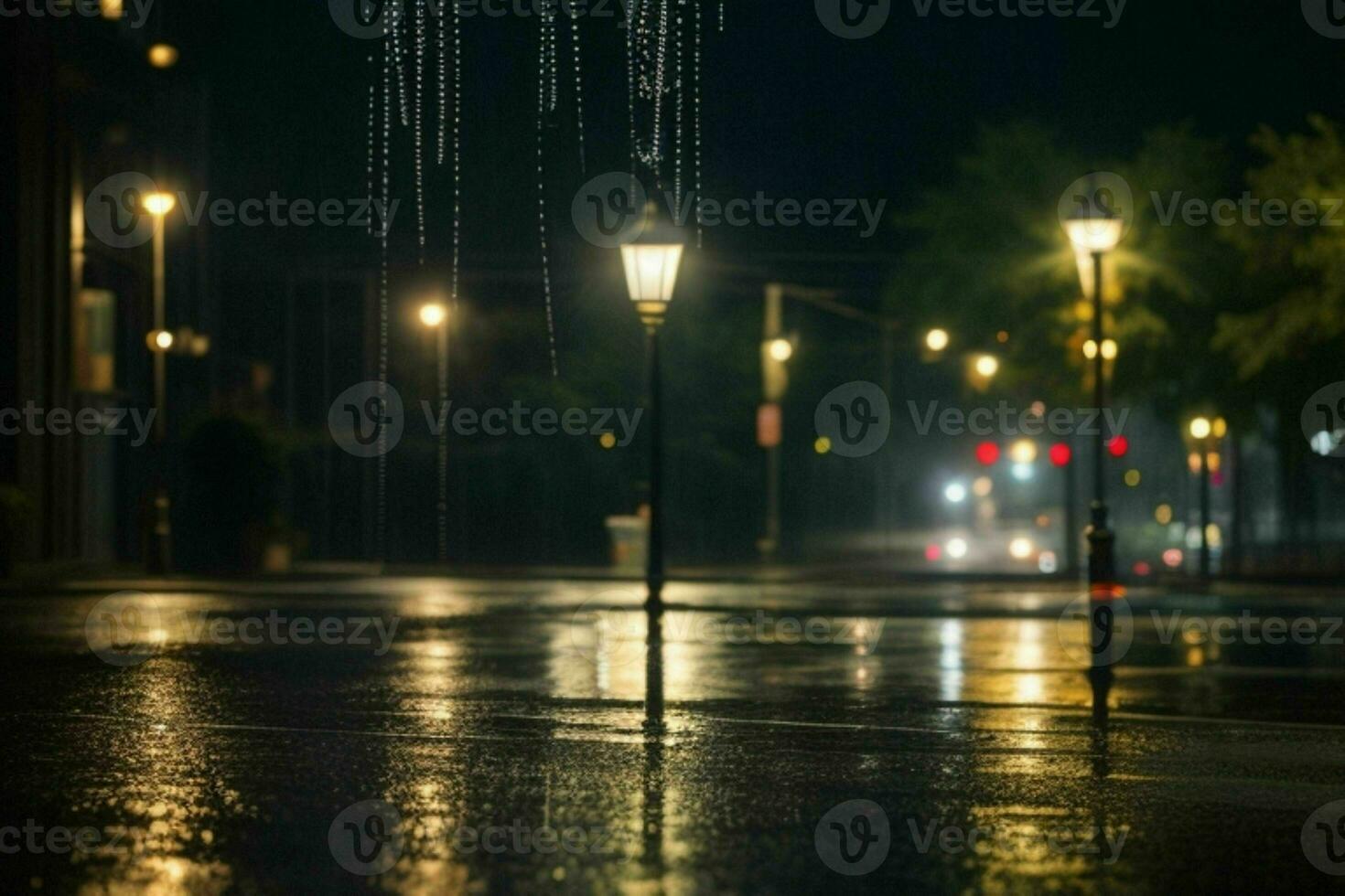 City street at rainy night road and streetlights at night background. AI Generative Pro Photo