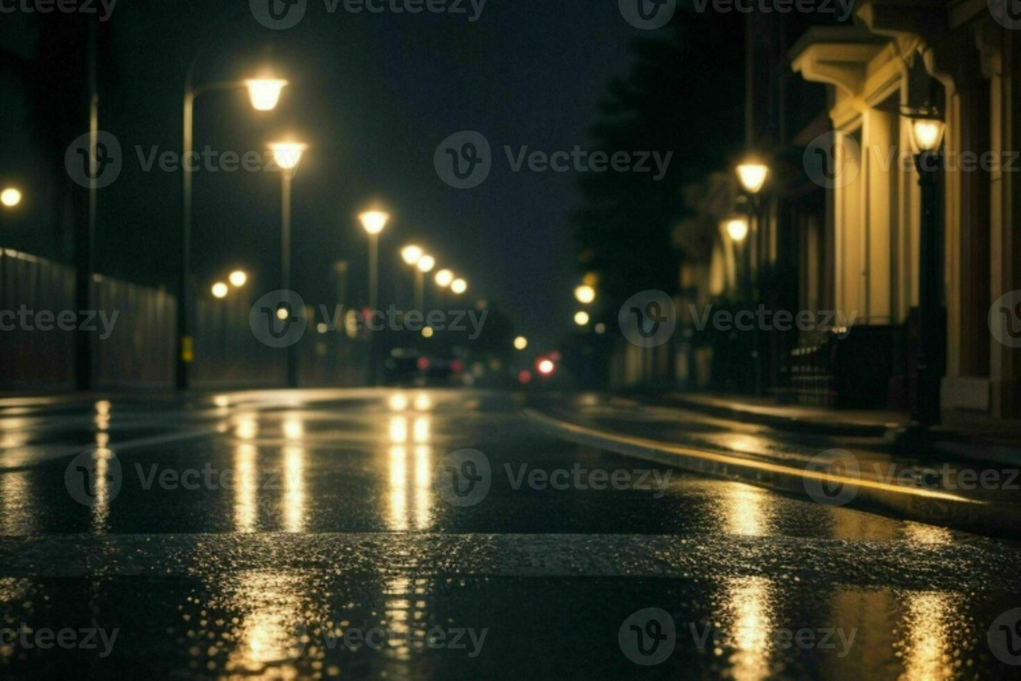 City street at rainy night road and streetlights at night background. AI Generative Pro Photo