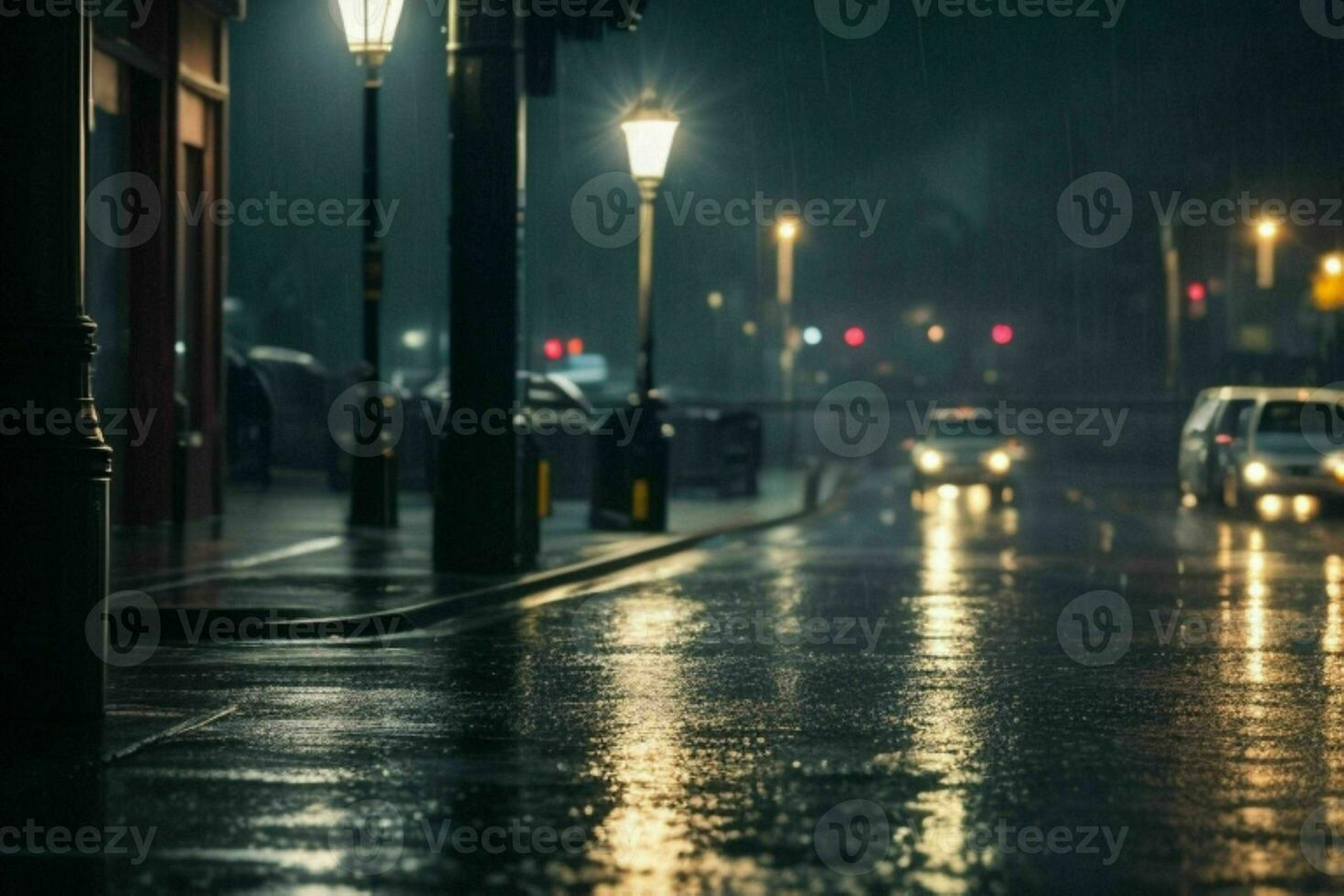 City street at rainy night road and streetlights at night background. AI Generative Pro Photo