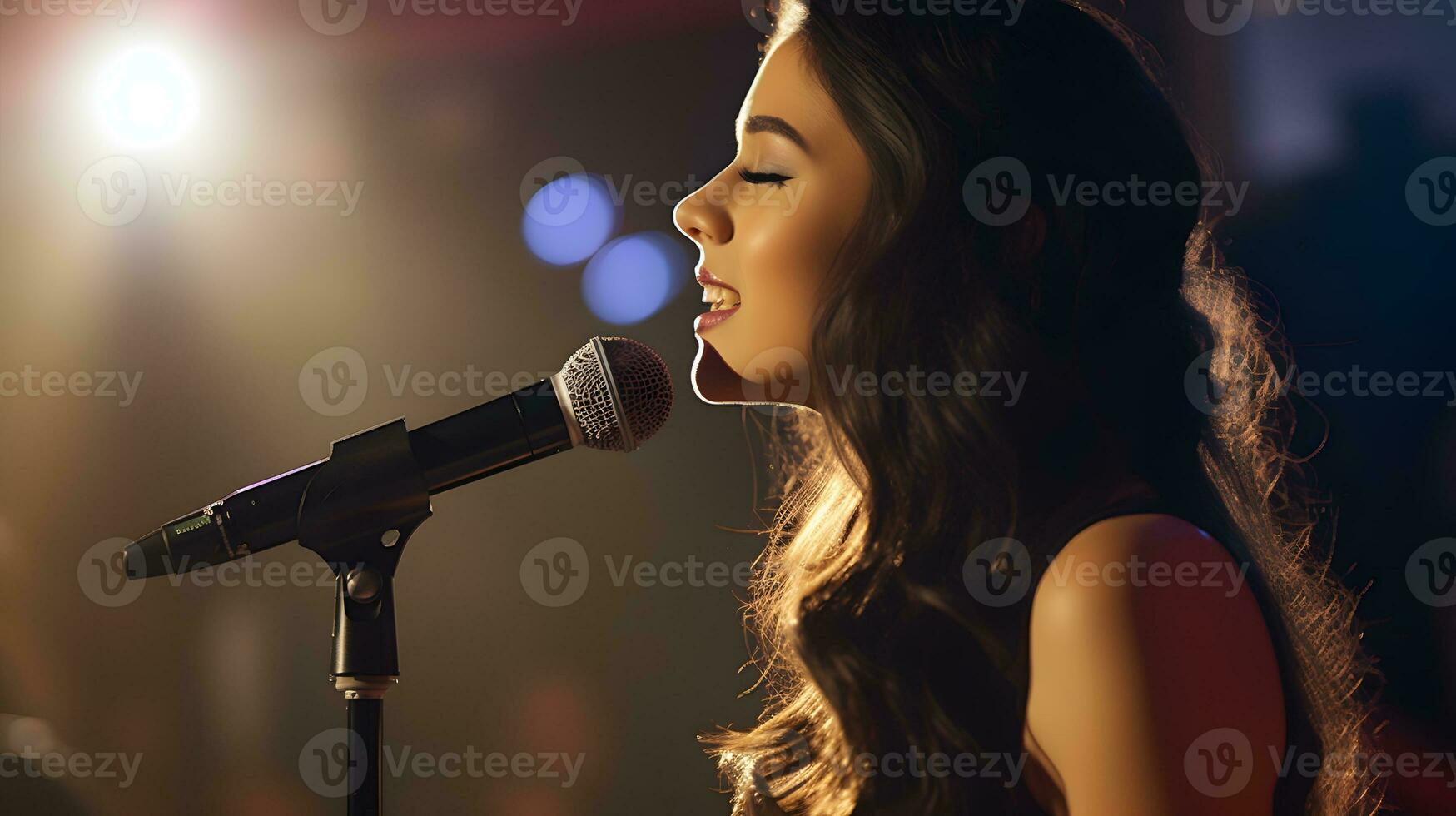 A woman singing passionately into a microphone at a vibrant concert AI Generated photo