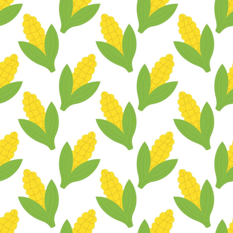 Corn cob seamless pattern with leaves. Vector background.