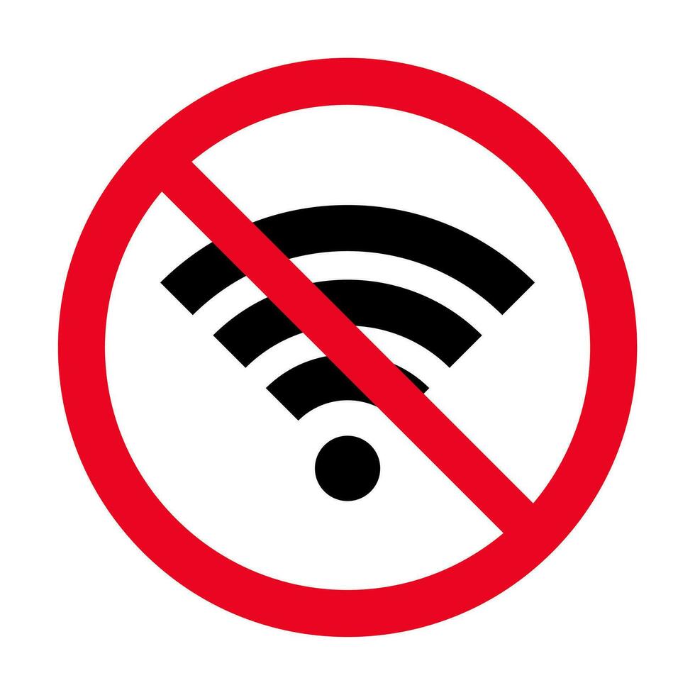 No wireless wifi or sign for remote internet access icon vector on white background, Red prohibition sign. Flat style for graphic and web design