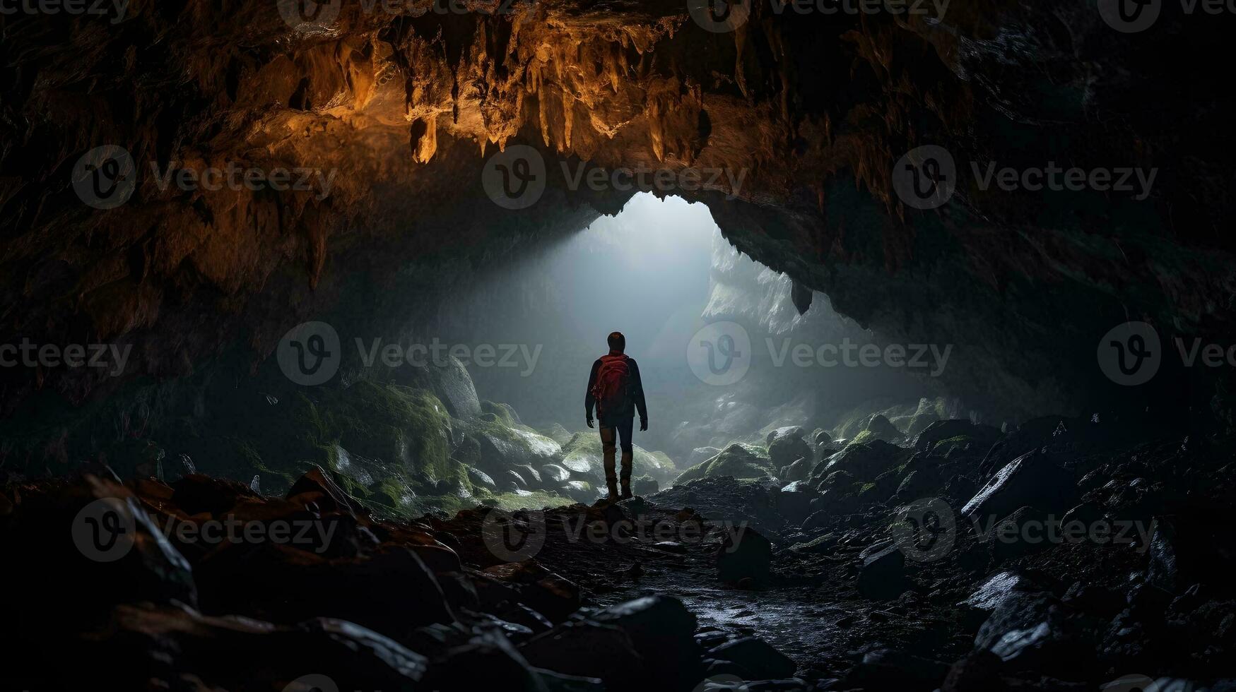 Monumental cave hall with caver exploring it. AI Generated photo