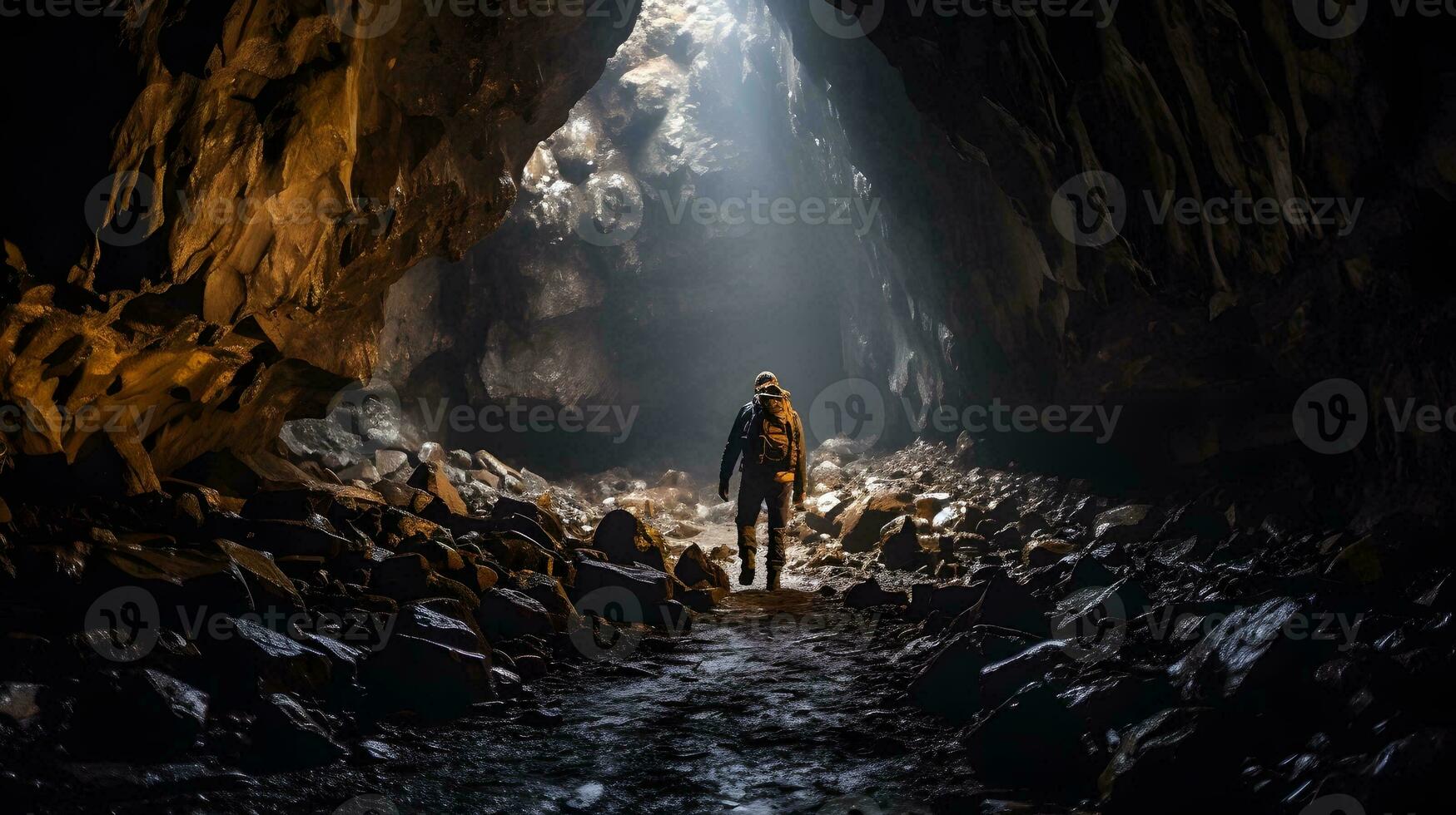 Monumental cave hall with caver exploring it. AI Generated photo